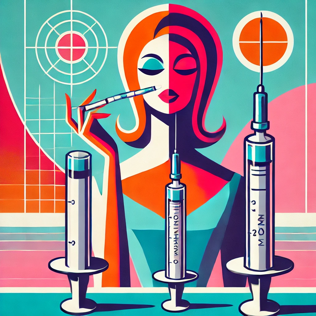 DALL·E 2024-12-18 18.07.08 - A vibrant, retro-inspired illustration in 1960s UPA studio style featuring a stylized iconic female character interacting with two medical injection p.webp